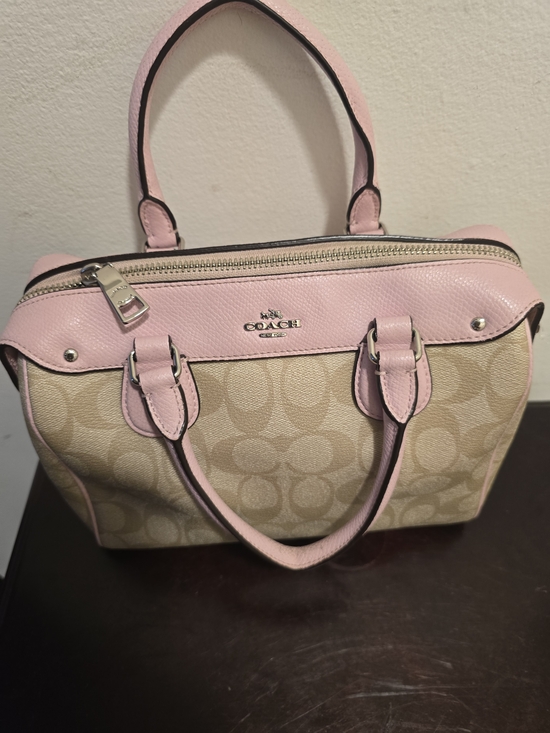 Coach Handbags - Coach Pink Trim Signature Satchel in Tan Canvas